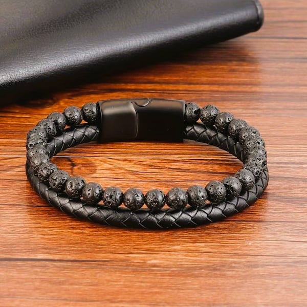 Lava Bead And Leather Bracelet (pack of two)| Men's Leather Bracelet | Black Leather Bracelet | Grounding and Protection Beaded Bracelet|