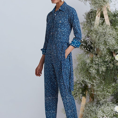 Indigo Blue Hand Block Printed Cotton Jumpsuit - Women's Clothing