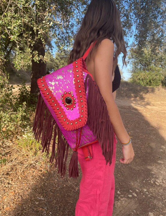 Red and Fuchsia Leather Backpack. Red and Fuchsia Leather  display picture 2