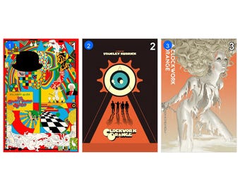 Puede incluir: Tres pósteres rectangulares sobre A Clockwork Orange. El primero es un collage colorido con un bombín, el segundo un gráfico oscuro con un ojo central y siluetas, y el tercero muestra una figura pálida con cabello largo y cadenas.