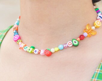 Mismatch funky bright colorful beaded necklace inspired by 90s