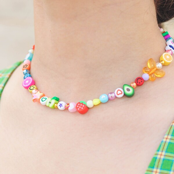 Mismatch funky bright colorful beaded necklace inspired by 90s