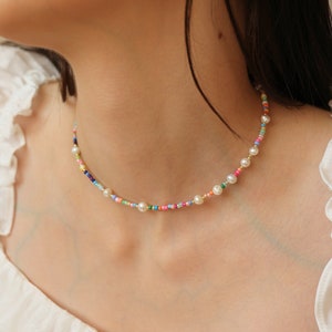 Random colorful seed bead and freshwater pearl beaded necklace