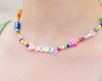 Custom word colorful beaded necklace inspired by 90s