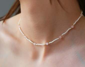 Rose quartz and seed bead choker necklace