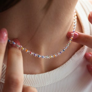 Clear quartz and rainbow glass czech seed bead necklace