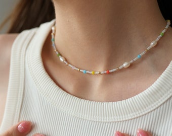 Freshwater pearl and seed bead choker necklace