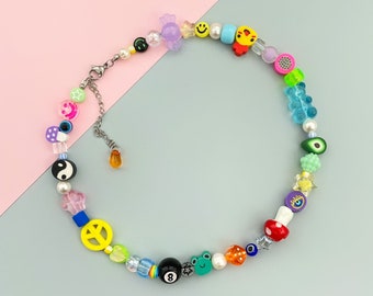 Mismatch funky bright colorful beaded necklace inspired by 90s