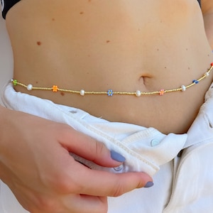 Tiny flower and freshwater pearl beaded waist chain