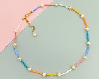 Colorful seed beaded and freshwater pearl beaded choker necklace