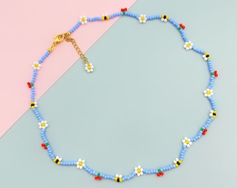 Cute daisy flower cherry and bee beaded necklace