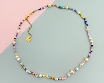 Random colorful seed bead and freshwater pearl beaded necklace