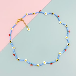 Cute daisy flower cherry and bee beaded necklace
