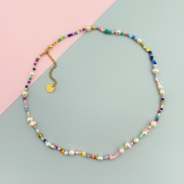 Random colorful seed bead and freshwater pearl beaded necklace