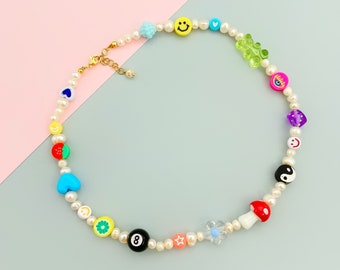 Mismatch funky bright colorful bead and freshwater pearls necklace inspired by 90s