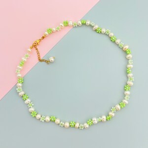 Dainty light green and freshwater pearl bead choker necklace