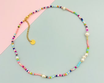 Colorful seed beaded and freshwater pearl beaded choker necklace