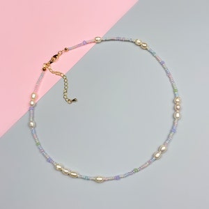 Pastel color seed bead and freshwater pearl beaded necklace