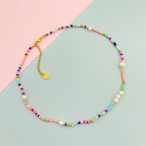Colorful seed beaded and freshwater pearl beaded choker necklace