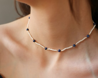 Lapis lazuli and seed bead choker necklace September birhstone necklace