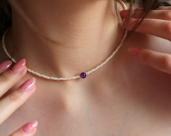 Amethyst and seed bead choker necklace February birthstone necklace