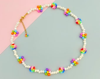 Rainbow flower & smiley face beaded choker necklace inspired by 90’s
