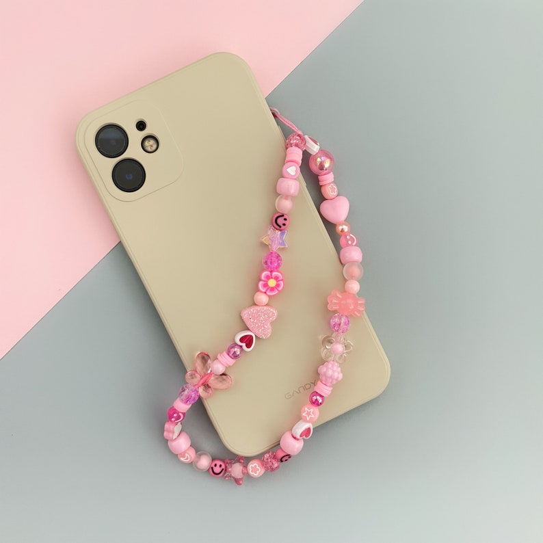 Pink beaded phone strap image 1