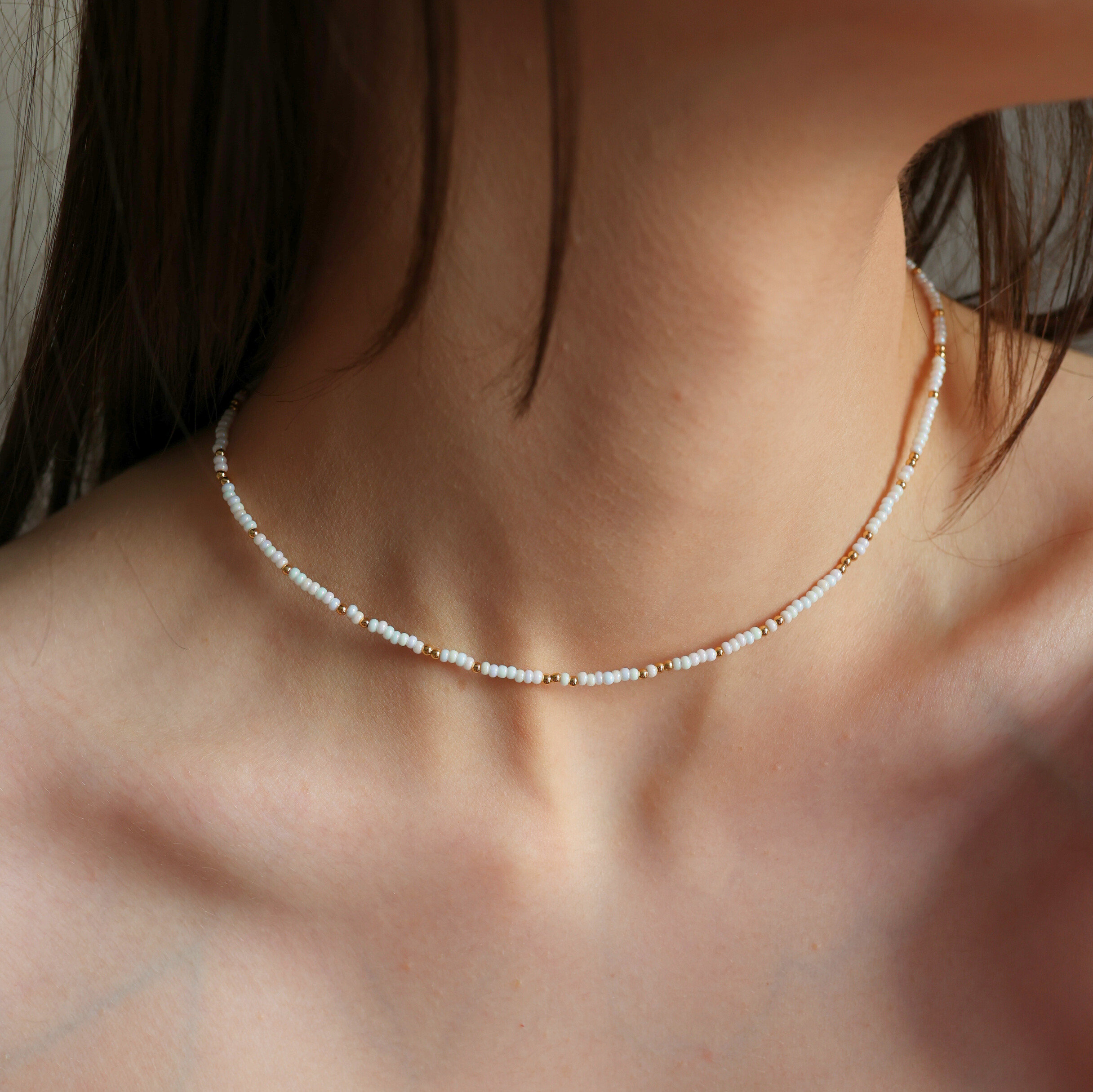 Weiße Perle Halskette Kleine Samen Zierlich Sterlingsilber 14k
