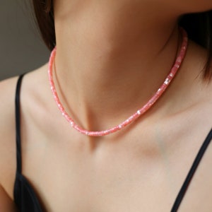 Minimalistic hot pink mother of pearl heishi choker necklace