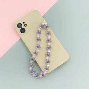 Purple flower beaded phone strap