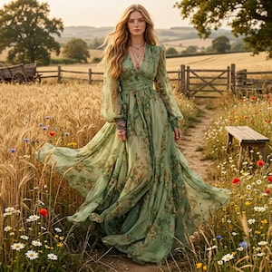 Pode incluir: Um vestido comprido verde-sálvia com mangas longas e fluidas, um decote em V profundo e um padrão floral subtil. A peça apresenta um corpete justo com cintura marcada e uma saia volumosa e em camadas que cai até ao chão.