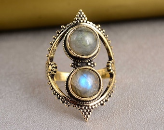 Labradorite Ring, Rings for Women, Boho Ring, Solid Gold Brass Ring, Labradorite Gemstone Ring, Gift For Her, Double Stone Ring