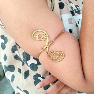 Handmade Brass Arm Cuff: Adjustable Spiral Upper Arm Band, Boho Jewelry