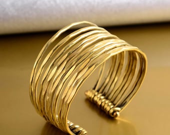 Handmade Hammered Brass Wrap Bangle: Wide Gold Boho Bracelet