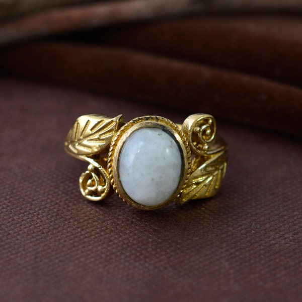 Rainbow Moonstone Ring, Gold Ring for Women, Boho Simple Ring with Leafy Band, June Birthstone Oval Gemstone Ring, Handmade Jewelry