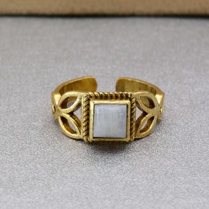 Rainbow Moonstone Brass Ring: Adjustable Gemstone Stacking Ring