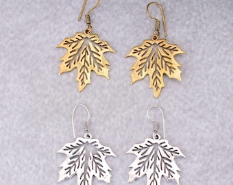 Brass Maple Leaf Earrings: Autumn Nature Jewelry