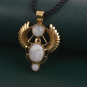 Moonstone Scarab Necklace, Brass Scarab Necklace, White Scarab Pendant, Egyptian Beetle Jewelry, Halloween Gift