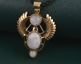 Moonstone Scarab Necklace: Brass Egyptian Beetle Pendant