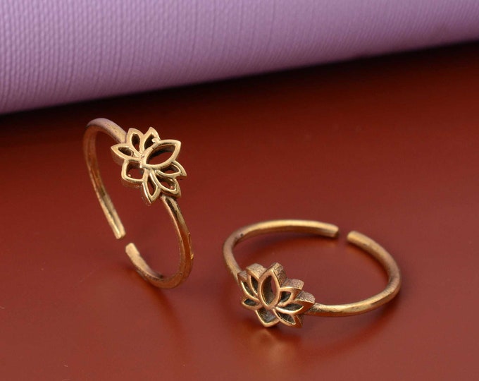 Brass Lotus Flower Toe Ring, Adjustable Indian Foot Jewelry