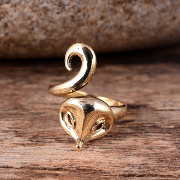 Red Fox Wrap Ring. Adjustable Gold Plated Ring with Fox Face and Tail. Fox Jewelry for Her