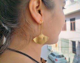 Gold Fan Earrings: Brass Art Deco Drop Earrings