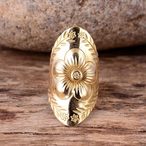Flower Ring, Long Ring, Chunky Statement Jewelry, Brass Ring for Women, Boho Bohemian Ring, Wide Large Full Finger Big Ring, Mandala Ring