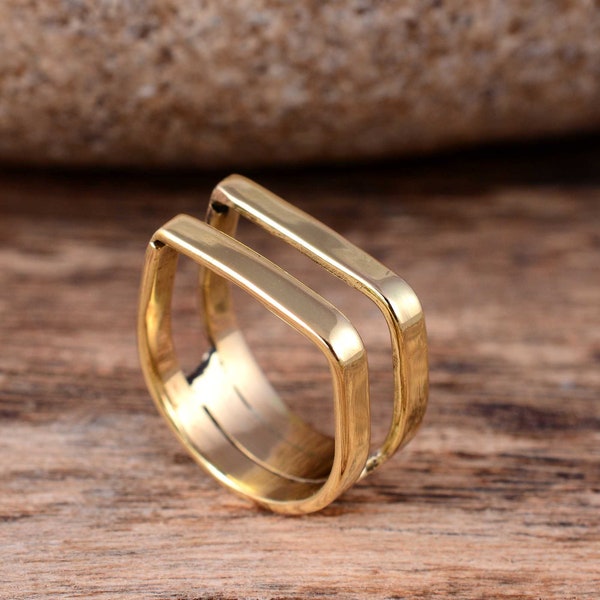 Gold Double Bar Ring, Brass Thick Two Line Ring, Flat Bar Ring, Geometric Statement Ring, Minimal Ring, Square Bohemian Ring, Modern Ring