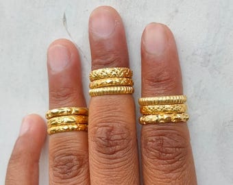 18K Gold Plated Stacking Rings: Hammered Brass Midi Rings