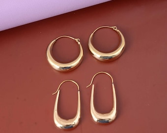 Chunky Gold Earrings, Gold Earrings, Round & Long Earrings, Elegant Earrings, Smooth Hoop Earrings, Gold Dome Earrings, Chunky Hoop Earrings