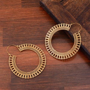 Mandala Earrings, Boho Big Gold Brass Hoop Earrings, Round Geometric Earrings, Bohemian Large Hoops, Earrings for Women, Mothers Day Gift