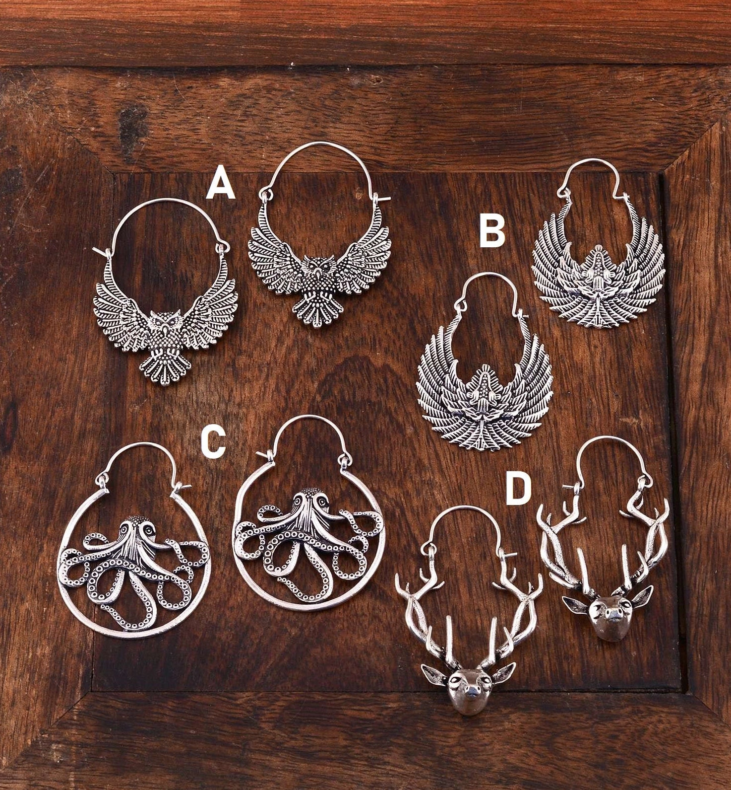 Silver Animal Hoop Earrings: Owl, Hawk, Deer, Octopus