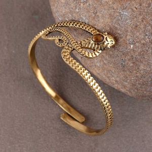 Golden Brass Snake Bracelet with Tiger Eye - Adjustable Serpent Jewelry