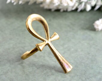 Gold Brass Ankh Ring: Handmade Egyptian Cross Jewelry